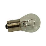 Side profile of bulb showing one bayonet locating pin on the metal cap and the single straight filament suspended between two support wires