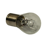 Angled view of the same bulb highlighting the clear S25 glass envelope, tungsten filament, and polished nickel-plated BA15s cap in clean unused condition