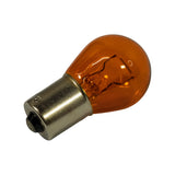 Bulb on its side showing offset locating pin (BAU15s, 150-degree pin arrangement) and central solder contact at base