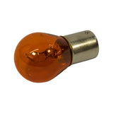 Angled view of complete bulb showing S25 envelope shape and clean polished nickel-plated brass cap with no oxidation