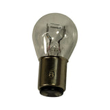 Same bulb upright, opposite-side view showing the second offset bayonet pin and the two solder contact pads on the underside of the base, confirming BAY15d double-contact index fitting