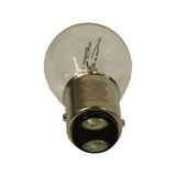 Bulb tipped to expose underside of base; faintly embossed metal markings legible as 'TUNGSRAM 1077', '12V P21/5W', 'made in Hungary'; both base contacts and offset pins clearly visible