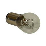 Bulb laid horizontally showing internal construction in profile: larger 21W coiled stop filament forward and smaller 5W tail filament behind, supported on stiff wire posts inside the clear envelope