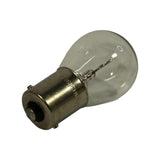 Same bulb laid on its side, base toward the camera. Bayonet pin and central solder contact clearly visible on the cap. Embossed code 'P21W 12498 PHIL' runs around the metal cap.