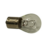 Side profile of the same bulb with cap to the left, showing the filament cradle and one bayonet pin protruding from the cap. 'PHILIPS 12V' embossing legible on the cap.