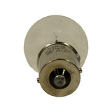 Underside view of BA15S base, single central solder contact and two opposing bayonet locating pins visible, NARVA P21W 12V markings on the side of the cap