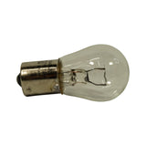 Side profile of the bulb laid flat, single straight filament with two support wires clearly visible inside the clear envelope