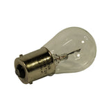 Three-quarter angled view of bulb showing the BA15S nickel cap, central tip contact, and full glass envelope shape