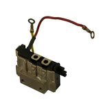 Top-down angled view showing the stud terminals from above and threaded mounting holes in the base of the heatsink