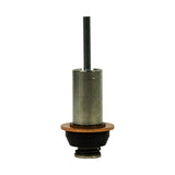 Front-on elevation of the assembled plunger showing the steel pin, plain steel cylindrical core with a faint band machined around the upper section, copper disc, black moulded retainer and the visible coil spring loop at the base