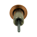 Underside view looking up the bore, showing the recessed cup at the top of the steel body, the copper disc flange and the actuating pin protruding through the central hole with a small drilled cross-pin opening at its tip