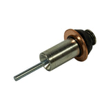Three-quarter angled view of the full plunger laid on its side, showing the proportions of the steel body to the contact assembly, copper disc rim and the nickel cap at the rear