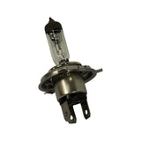 Three-quarter angle showing the same bulb from the side, exposing the metal base flange, glass envelope with internal filaments, and three rectangular blade terminals