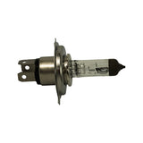 Side profile of the bulb laid on its side, showing the full glass envelope with both high-beam and shielded low-beam filaments visible inside, the metal base flange with locating tabs, and the three rear blade terminals