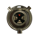 Underside of bulb base showing three flat blade terminals arranged in triangle and red glass-seal dot, three positioning lugs around the metal flange