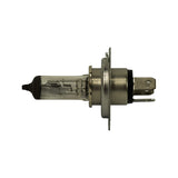 Side profile of bulb showing tubular quartz envelope with both high and low beam coiled filaments, focus shield, blackened tip, and detail of three-blade P43t connector