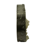 Edge-on view of the stacked shell set in plastic wrap, showing shell wall thickness and aligned parting faces