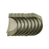 Side view of the sealed shrink-wrapped bearing set showing all shells stacked and aligned, steel backs and tri-metal bearing surfaces visible through the clear film.