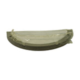 Stack of four semi-circular thrust washers in original clear plastic wrap, viewed from the curved outer edge showing the stacked thickness and bi-metal construction — dark steel backing with lighter alloy face material visible at edges.