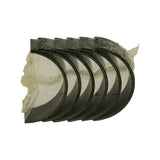 Overhead view of the sealed plastic sleeve with bearing shells fanned out, showing curved profile and dark phosphate-coloured bearing faces