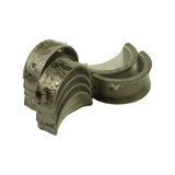 Split view: stack of plain main bearing halves on the left with locating tangs visible on the parting faces; separated flanged thrust bearing pair on the right showing polished inner bore surface and thrust flange faces