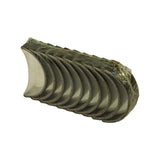 Opposite angled three-quarter view of bearing stack showing bore face and outer steel back from other end. Confirms full set of half-shells. Plastic wrap shows age-related yellowing and crinkle.