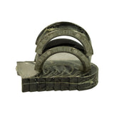 Shrink-wrapped bearing set front-on, showing five upper shell halves stacked in retail carrier with stamped size markings visible on the shell edges