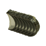 Reverse angled view of the bearing set showing the opposing half-shells with polished aluminium inner bearing surfaces and steel outer backing