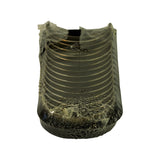 End-on view of the wrapped bearing stack showing the bore profile of each half-shell and partially torn shrink-wrap