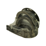 End-on view of wrapped bearing stack showing half-shell curvature and the thrust flange on the upper bearing