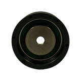 Reverse face of tensioner pulley showing polished machined steel inner hub surface with central smooth bore. Outer black housing features six evenly spaced small recesses or indentations around the rim. Green rubber seal ring visible between inner race and outer housing.