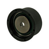 Three-quarter isometric view of the reverse/mounting face showing stepped cylindrical body. Inner bore and green seal clearly visible. Six indentations around outer housing face confirmed. Partial inscription visible on green seal in lower portion.