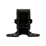 Front elevation of mount. Cylindrical rubber body sitting on a wide flat flanged steel base with four bolt holes — two per side. Centre stud protruding from rubber face. Small moulded text visible on rubber body (not clearly legible at this resolution).