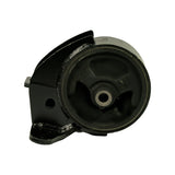Oblique top-right view. Rubber isolator face and three-spoke steel spider visible. Crescent bracket at top with small locating hole at its base. Offset lower arm/lug with a single bolt hole visible at lower right.