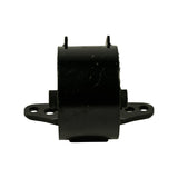 Rear elevation showing the opposite face of the cylindrical rubber isolator. Two small protruding studs at top. Four-hole flat flange base. Part number text faintly embossed on rubber sidewall, not legible. Minor surface marks on rubber.