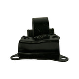 A second, different-style engine mount — rectangular rubber block bonded between two steel plates, with a central U-shaped cradle bracket above and a three-bolt base flange below; black paint finish.