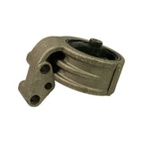 Oblique view from bracket side showing two-hole bolt flange at lower left and the cylindrical body in profile; central steel sleeve stud protrudes from rubber face at upper right. Bracket surface clean with no corrosion.