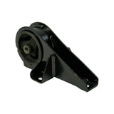 Elevated three-quarter view from above-front showing the top of the bush housing, the bracket extending rearward and downward, and the lower mounting foot with a single bolt hole. Slight paint chip visible on bracket edge.