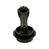 End-on view from large bushing end showing flanged circular steel cup profile with raised centre boss and four-spoke pressed-steel spider; small bushing and full length of arm visible behind.