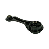 Three-quarter view from small-bushing end showing both bushings and arm profile; gloss black epoxy paint finish; large flanged end at right foreground.