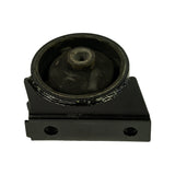 Bottom-up view showing the flat rectangular steel bracket base plate with two threaded mounting holes and the domed underside of the rubber element.