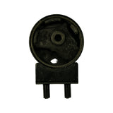 Front face view of part removed from bag; circular rubber element with three-spoke internal cast-metal core visible, central through-bore clearly shown. Flat steel bracket with two studs extending from base.