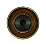 Close-up face-on view of the tensioner bearing: outer metal ring, brown rubber sealed face with recessed inner hub. Faint embossed markings visible on rubber seal — appears to read partial bearing code. 'JAPAN' embossed at bottom of rubber seal.