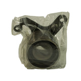 Front-on view of tensioner assembly in original poly bag. Sealed ball bearing pulley (knurled outer race) and cast stamped steel mounting bracket with two mounting holes clearly visible through packaging.