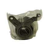 Rear oblique view of tensioner assembly in poly bag showing mounting bracket profile — flat stamped steel arm with two bolt holes. Pulley body and outer race construction visible.