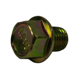 Angled top view showing hexagonal head face with 'M10' size stamp clearly embossed in centre, integrated flange collar visible around base of hex head