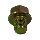 Elevated angle showing thread end-on with flange collar and lower hex faces visible, full yellow zinc coating confirmed