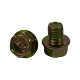 Two bolts shown together — left bolt face-on showing 'M10' stamp, right bolt in side profile showing thread and flange; confirms matched pair or bulk stock