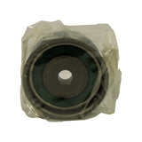 Front face of tensioner pulley in clear plastic wrap; smooth black rubber-faced outer ring, concentric stepped profile, central metal hub with small round bore visible.