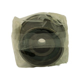 Rear/side view of tensioner in plastic wrap; recessed back face and outer flange lip clearly visible, plastic wrap held with a strip of tape around the circumference.